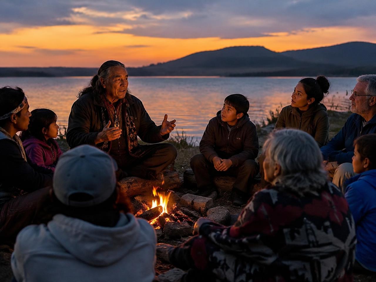 A storyteller speaking to a circle of listeners around a small fire by a lake