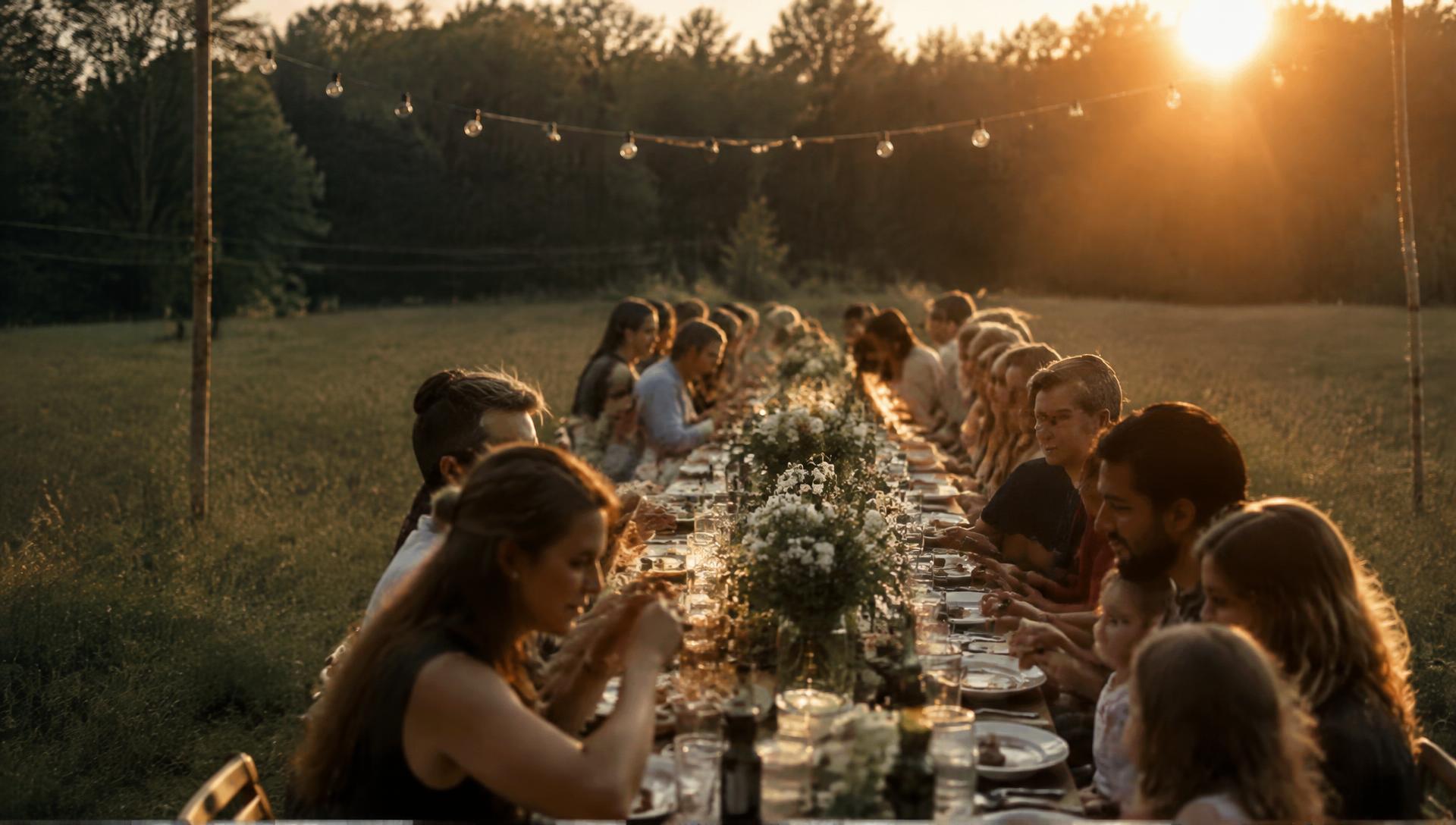 A long communal table in a meadow at sunset, people of all ages sharing a meal under festoon lights